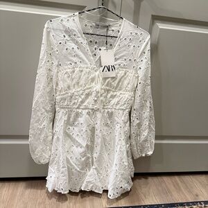 zara long sleeve eyelet mini dress in white